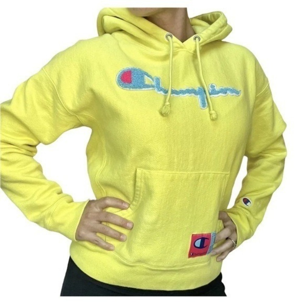Champion Reverse Weave Hoodie XS Neon Yellow Chenille Logo Heritage Patch